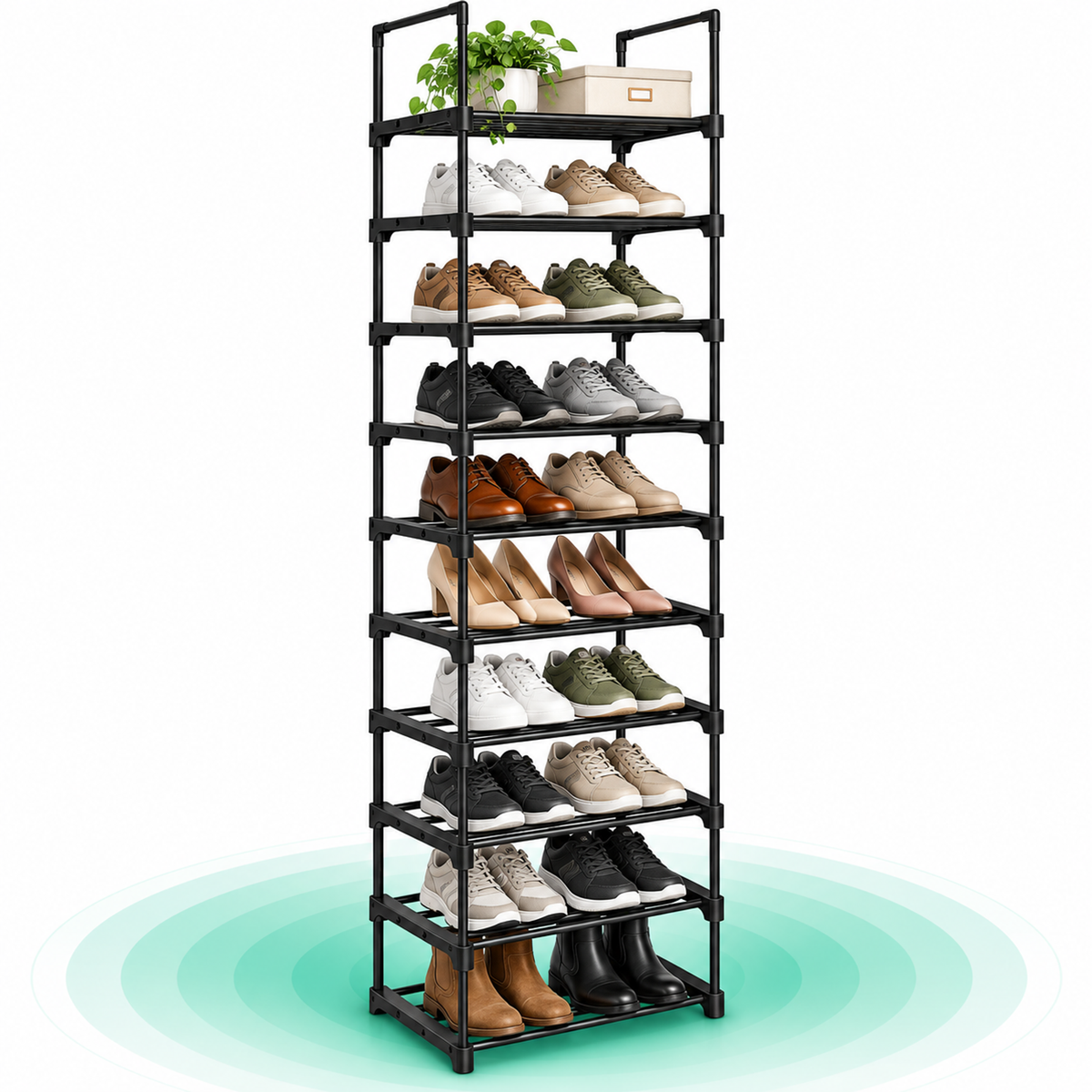 Raft de depozitare pantofi pe 10 niveluri, metal, instalare modulara, 30x45x174cm, negru