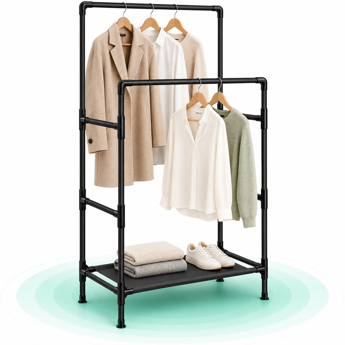 Raft de haine din metal, cu 2 bare de haine si 1 raft, stil industrial, 47x85x157cm, negru