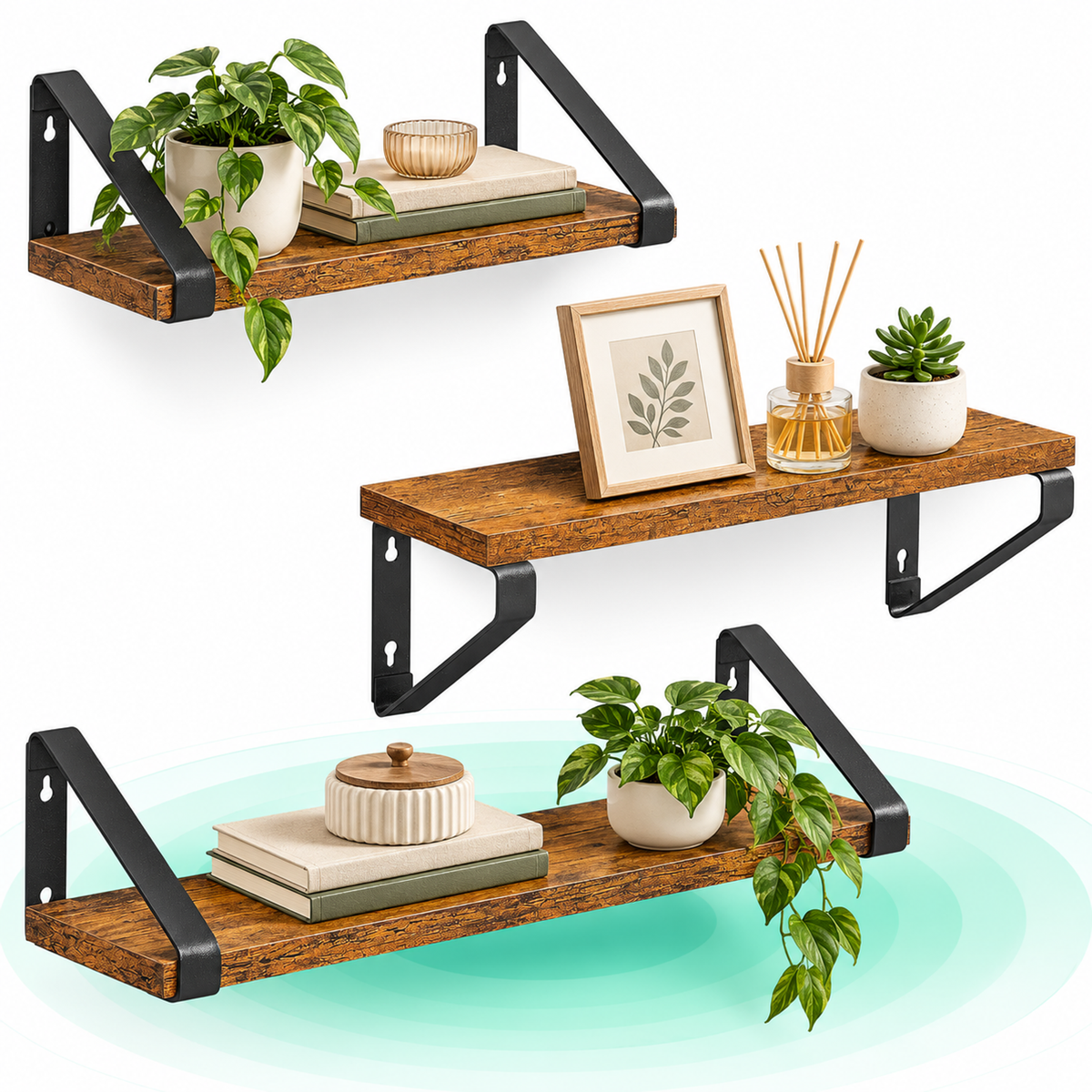 Raft de perete, set 3 bucati 30cm, 35cm si 40cm, 2 moduri de montare, maro rustic si negru
