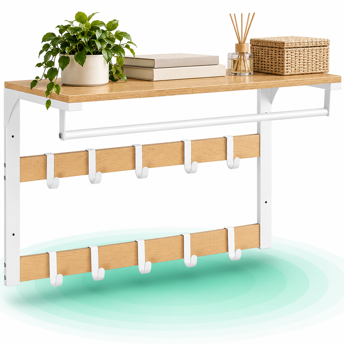 Raft de perete tip cuier, 10 carlige detasabile, sina pentru haine, 30x65x42cm, stejar si alb