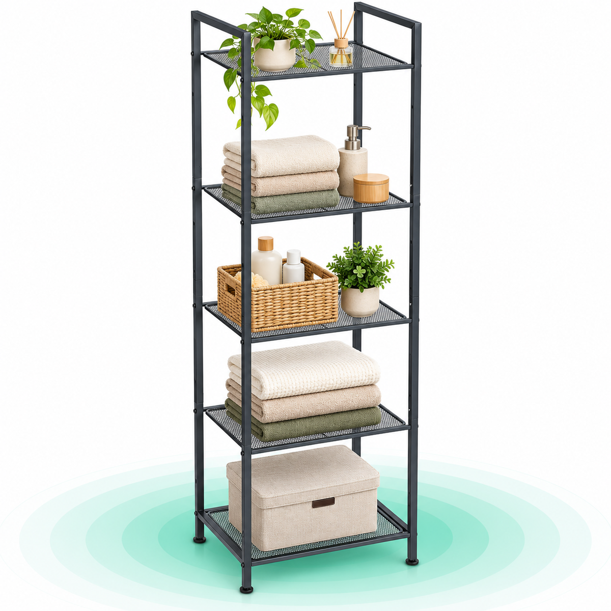 Raft metalic cu 5 niveluri, polite ajustabile, pentru baie sau bucatarie, stil industrial, 38x30x128 cm, negru