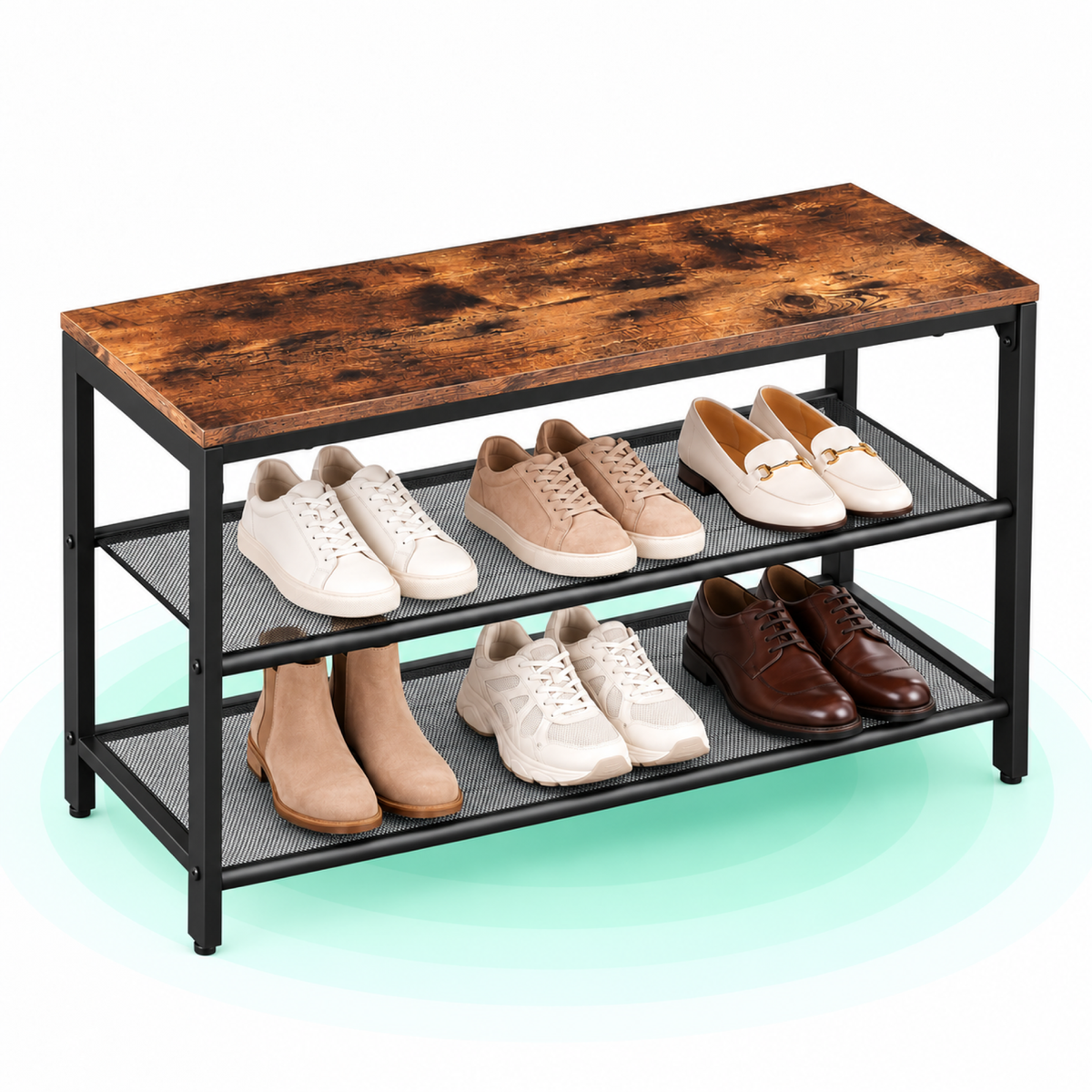 Raft pentru pantofi, cu 2 nivele, metal, 80x30x44cm, stil industrial, maro rustic si negru