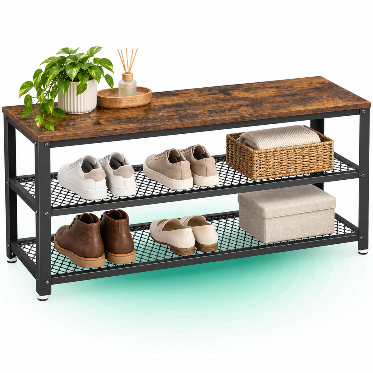 Raft pentru pantofi cu 2 polite, 100x30x45cm, otel, stil industrial, maro rustic si negru