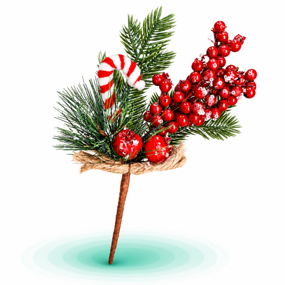 Ramura decorativa Craciun cu fructe rosii, acadea si sfoara de iuta, 24 cm, rosu