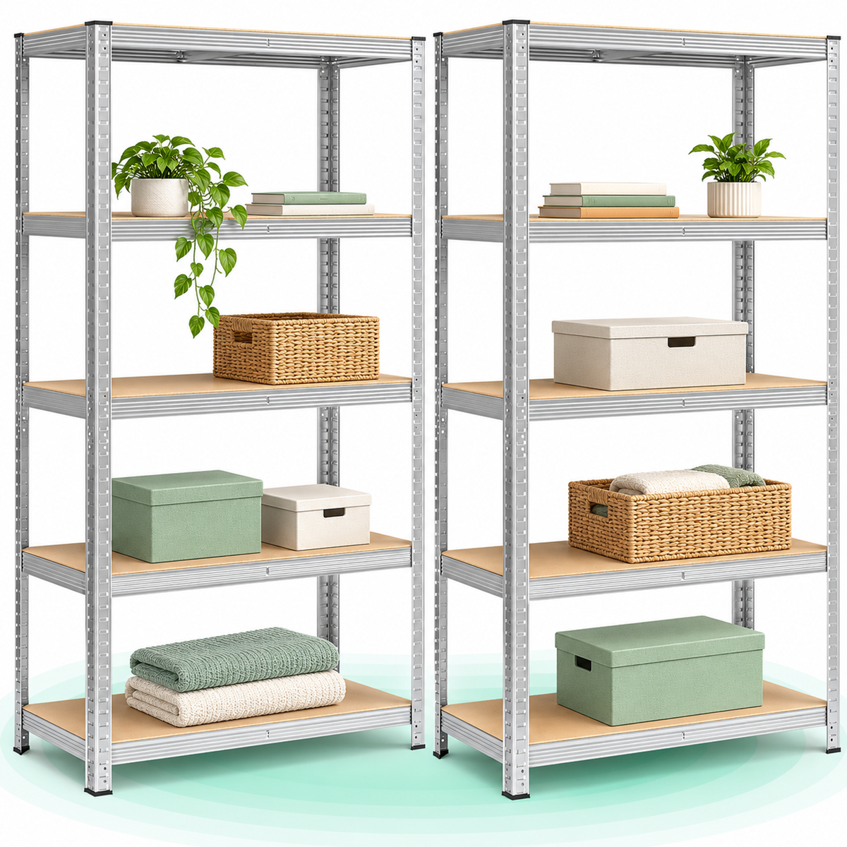 Set 2 rafturi depozitare, otel ranforsat si MDF E1, polite reglabile, 90x40x180 cm, argintiu