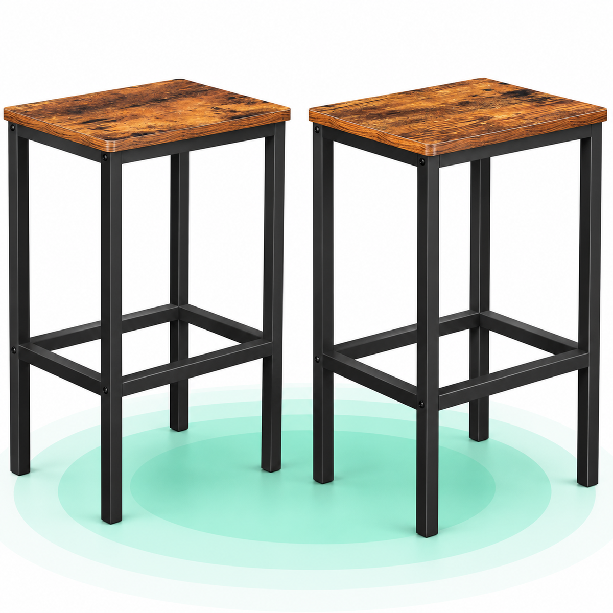 Set 2 scaune bar inalte, sezut dreptunghiular, cadru din otel, 40x30x65cm, stil industrial, maro rustic si negru