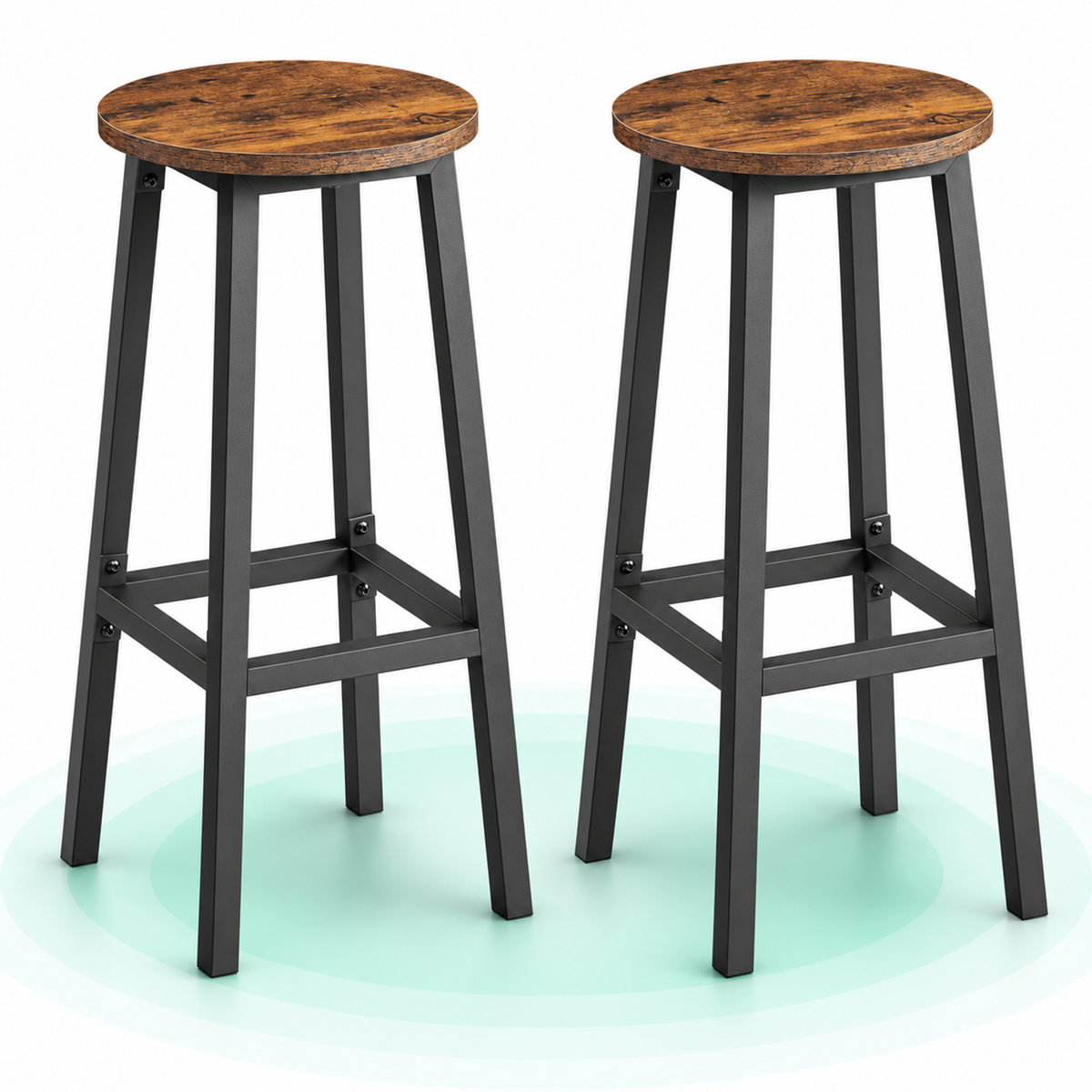 Set 2 scaune bar industriale, sezut rotund, 110 kg/scaun, 32x32x74 cm, maro rustic/negru