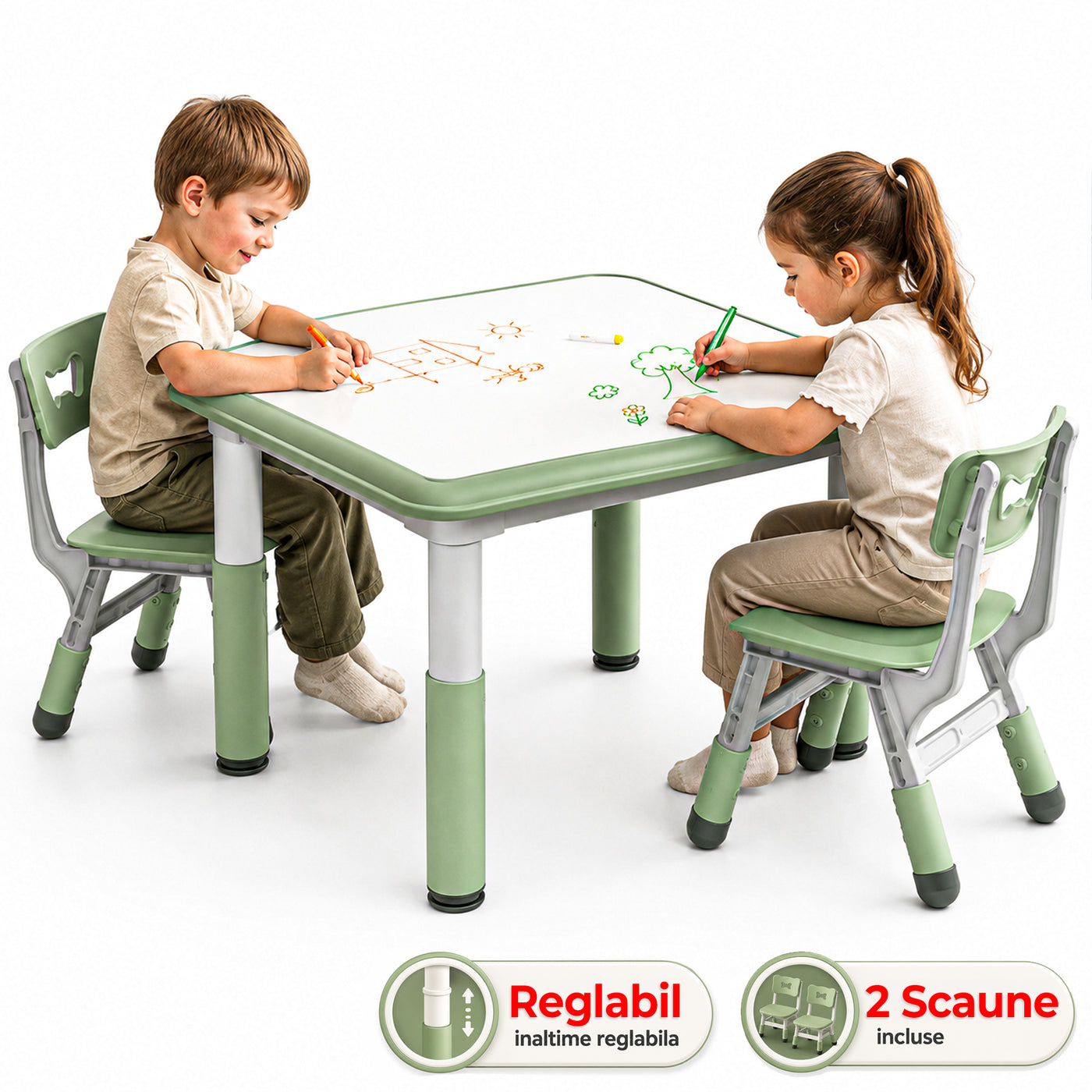 Set Masa si 2 Scaune Reglabile pentru Copii, Desen si Invatare, Verde