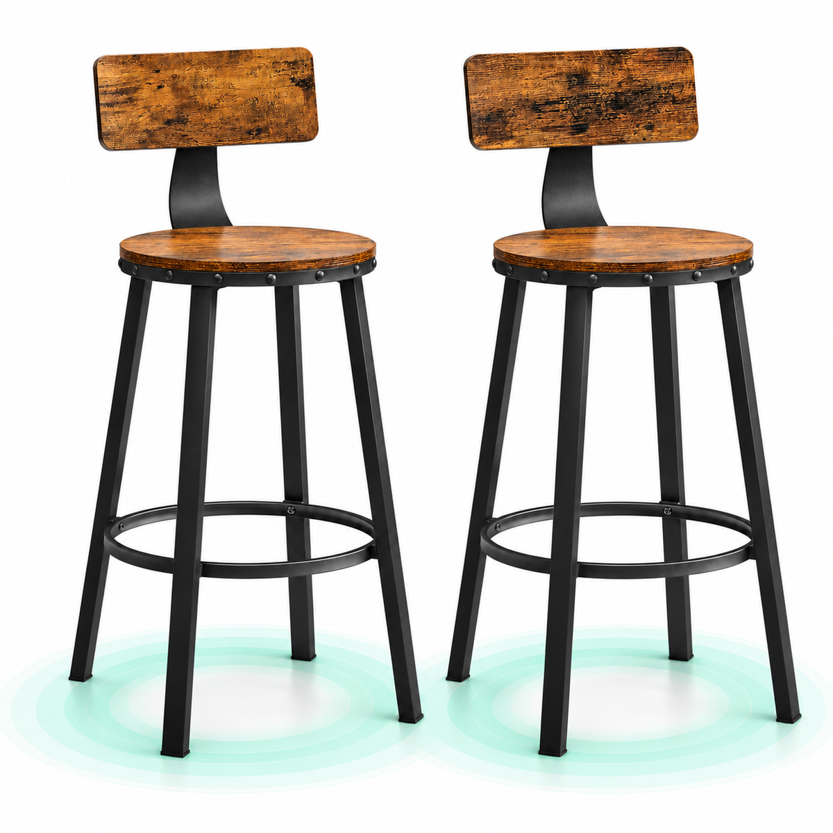 Set 2 scaune de bar cu spatar, cadru din otel si sezut rotund, 54x99 cm, maro rustic si negru