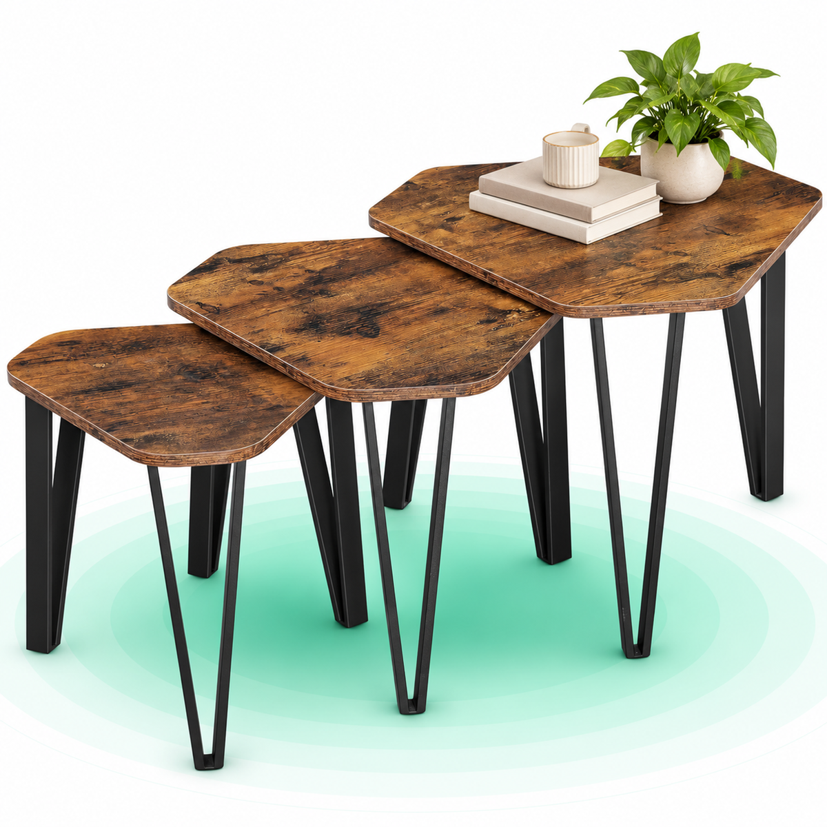 Set 3 mese de cafea suprapozabile, stil industrial, diametru 40, 51 si 59 cm, maro rustic