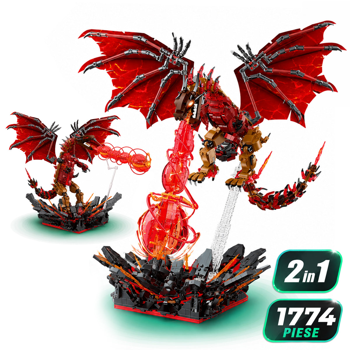 Set Constructie Dragon De Foc 2 In 1 Timebox, 1774 Piese LED ABS, Rosu