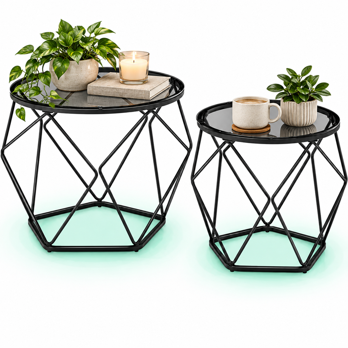 Set de 2 mese de cafea rotunde, cadru otel si blat detasabil din sticla, 40cm si 50cm, negru