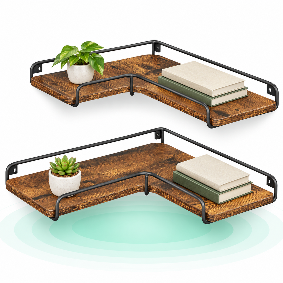 Set de 2 rafturi plutitoare de colt in forma de L, stil industrial, 40x29x14cm, maro rustic și negru