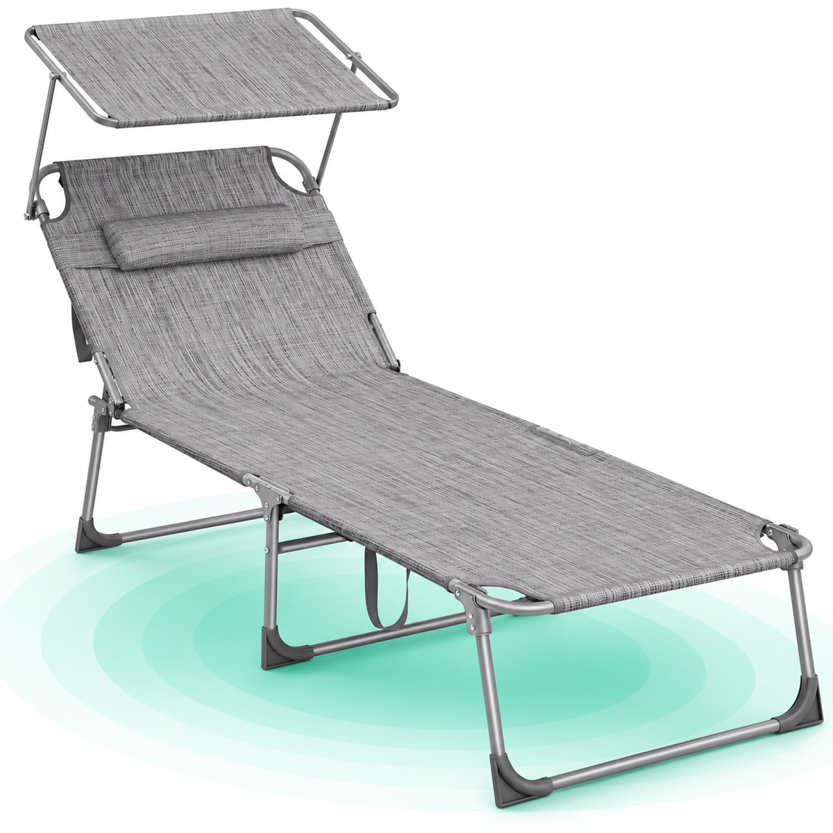 Sezlong pliabil cu parasolar si tetiera, spatar reglabil in 4 pozitii, 200x71x38 cm, gri