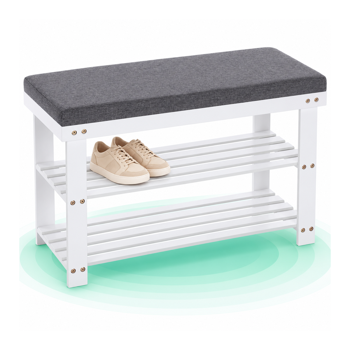 SONGMICS Banca pentru pantofi din bambus, 2 niveluri, cu perna, sarcina 150 kg, 71x29x49 cm, alb si gri