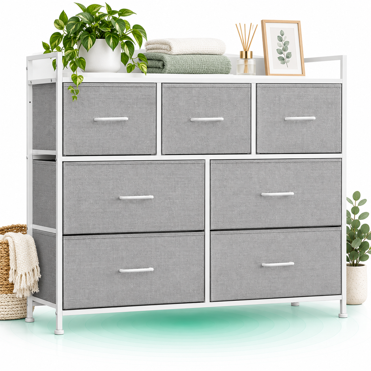 SONGMICS Comoda cu cadru metalic si 7 sertare din stofa, 29x98x85 cm , gri si alb