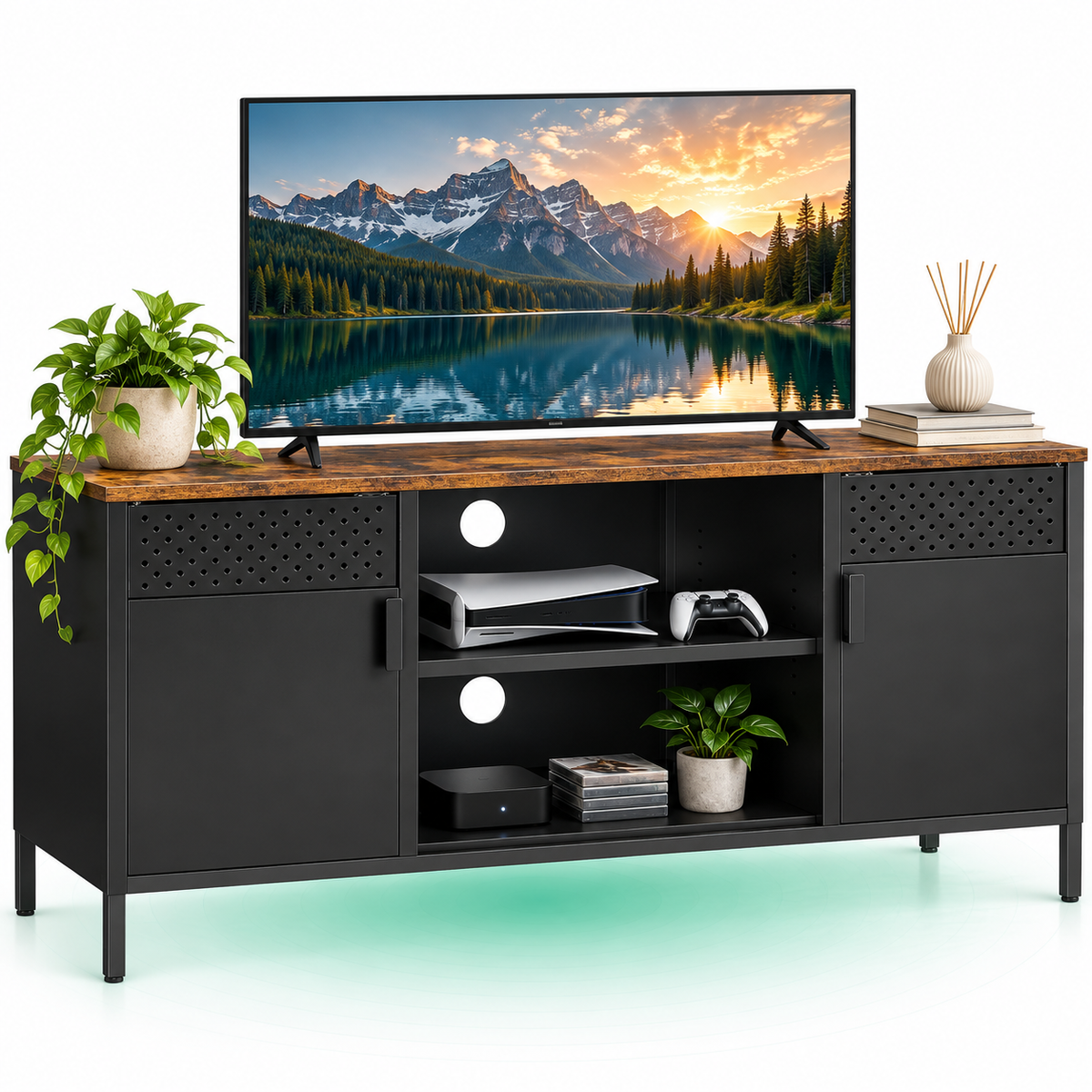 SONGMICS Comoda TV 120x40x55 cm, 3 rafturi reglabile, 2 usi, stil vintage, PAL si otel, maro-negru mat