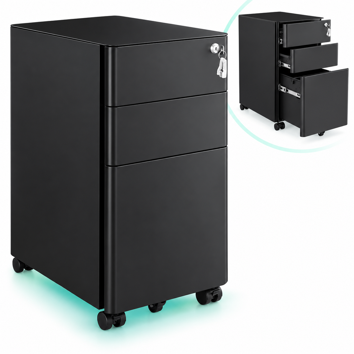 SONGMICS Dulap birou rollbox, cu 3 sertare si roti, corp metalic preasamblat cu incuietoare, pentru documente A4, 46x30x