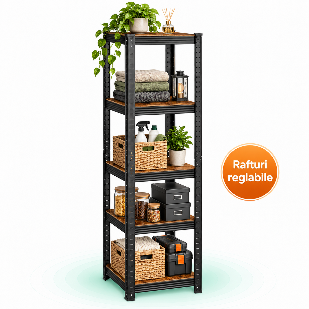 SONGMICS Etajera 5 rafturi ajustabile, structura metalica, stil industrial, MDF, 37x37x150 cm, maro si negru