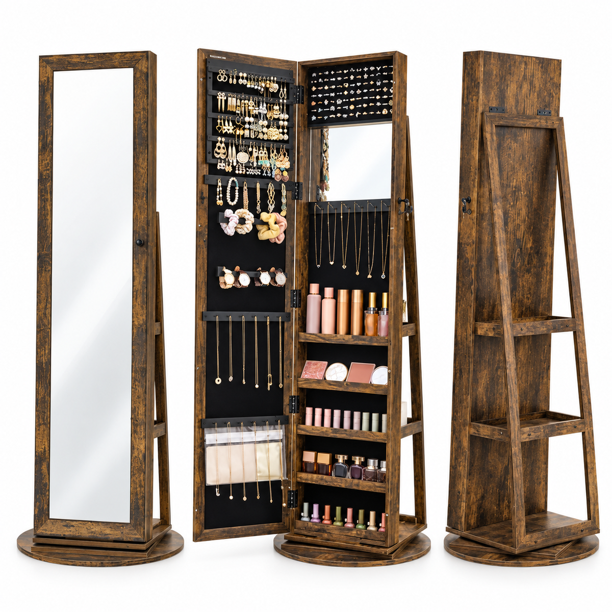 SONGMICS Oglinda de podea cu suport rotativ la 360°, cu spatiu de depozitare, 55x55x161cm, maro rustic