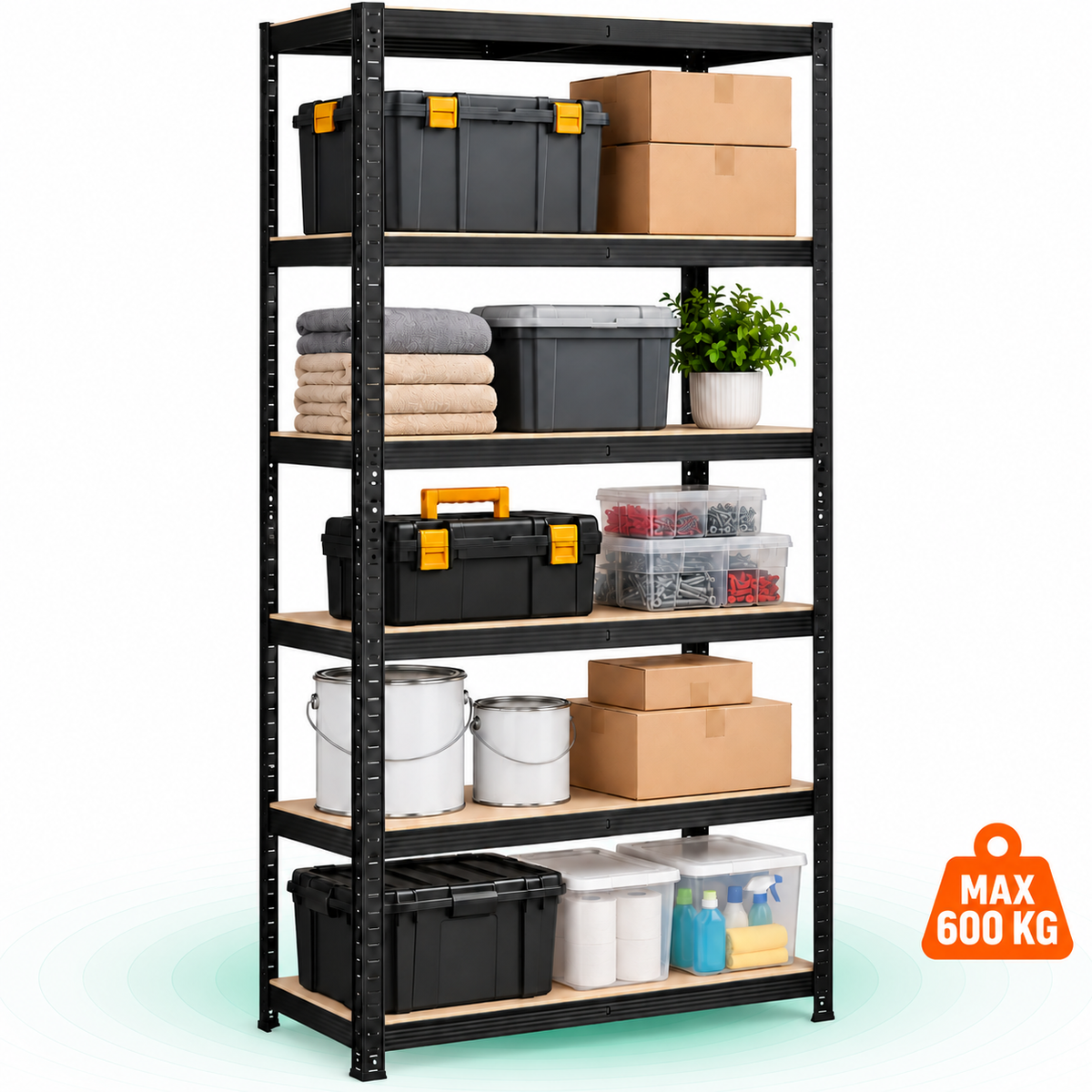 SONGMICS Raft de depozitare metalic, cu rafturi din PAL, 5 polite, max. 600 kg, 200x100x50cm, negru