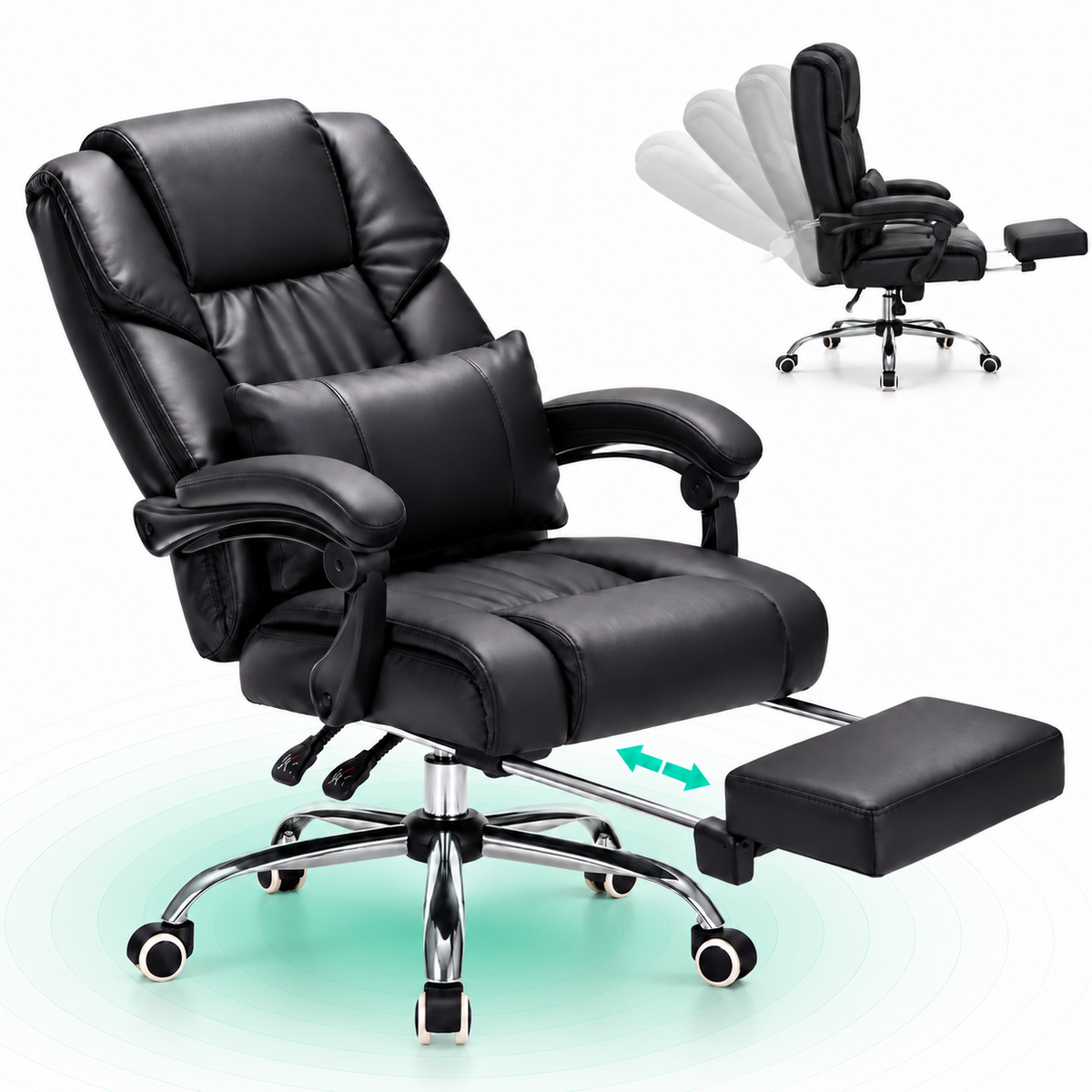 SONGMICS Scaun birou ergonomic, cu suport picioare retractabil, spatar reglabil 135°, maxim 150 kg, 70x70x125 cm, negru