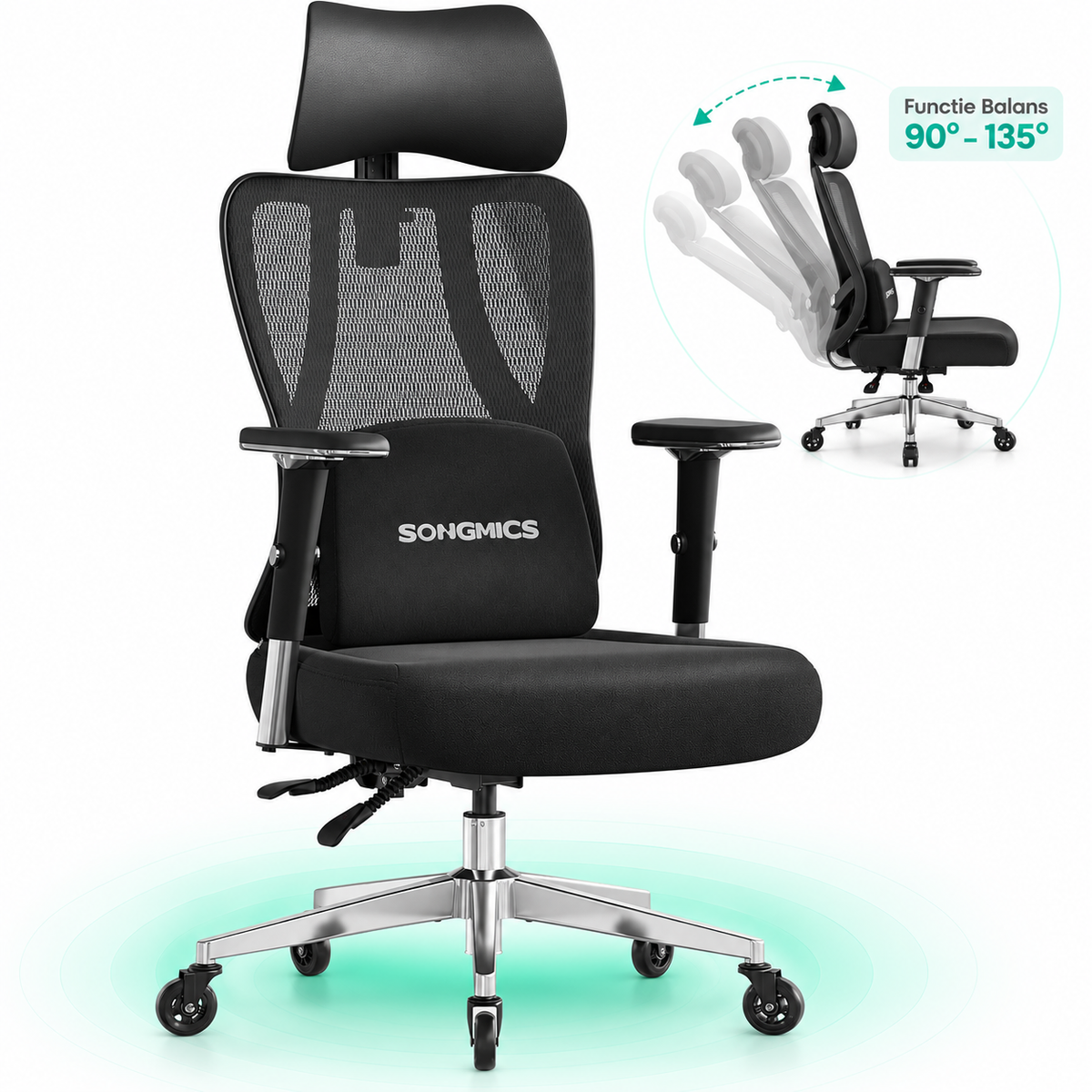 SONGMICS Scaun de birou ergonomic profesional, suport lombar reglabil, tetiera 2D, brate 4D, maxim 150 kg, 70x70x136 cm,