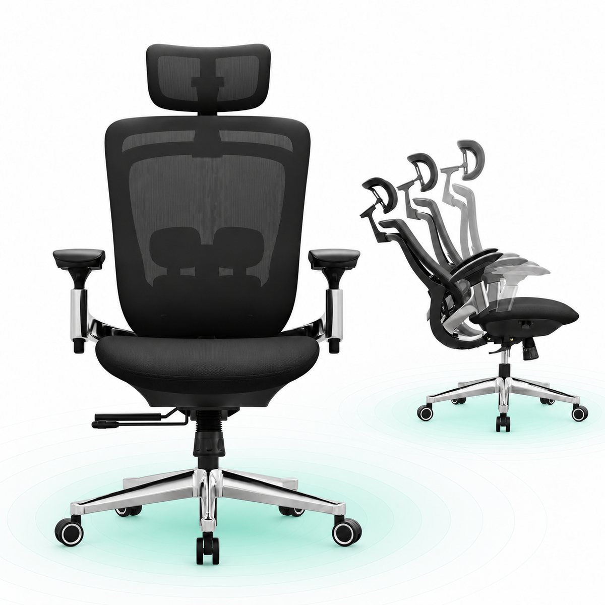 SONGMICS Scaun de birou ergonomic reglabil cu tetiera si suport lombar, inclinare 135°, maxim 150 kg, 70x70x125 cm, negr