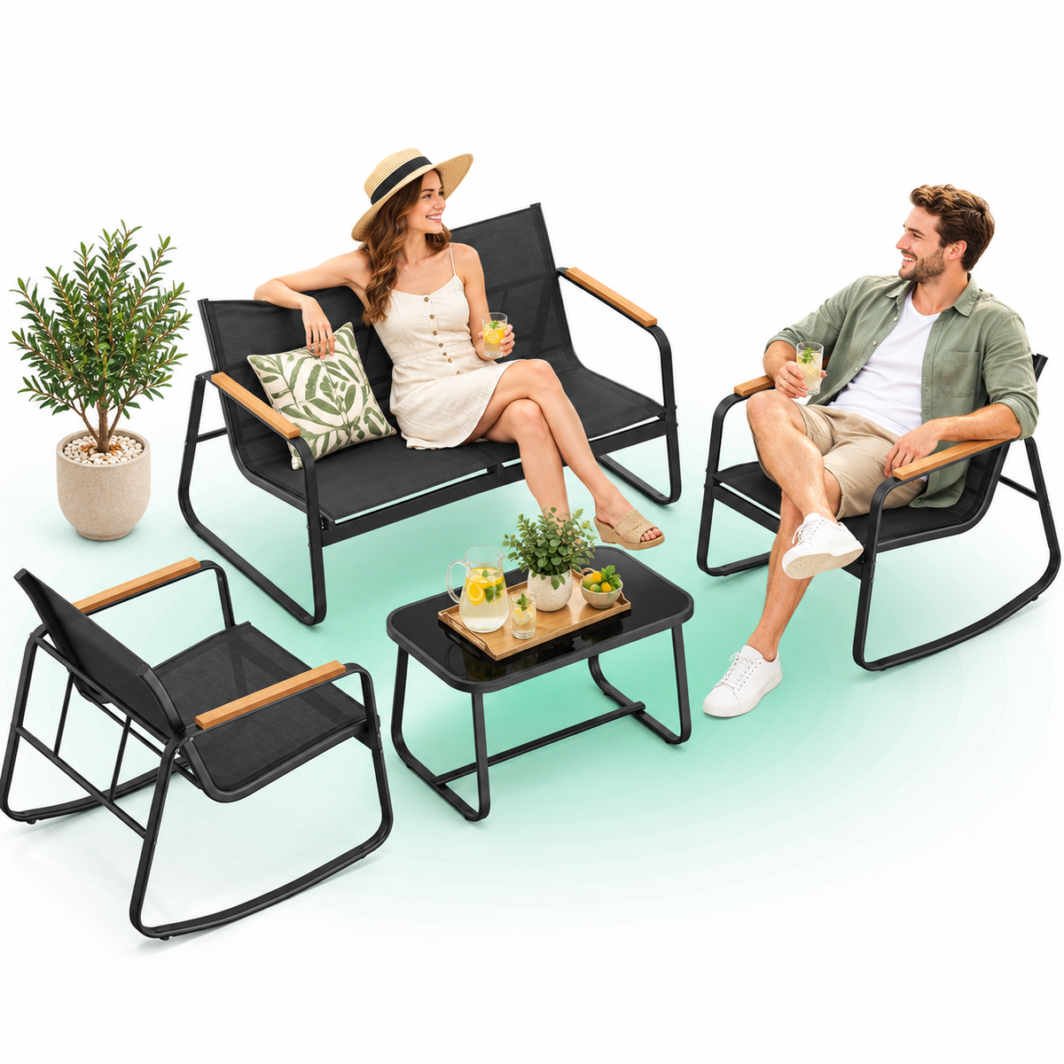 SONGMICS Set mobilier gradina 4 locuri, 2 scaune balansoar, canapea si masa, cadru metalic, negru