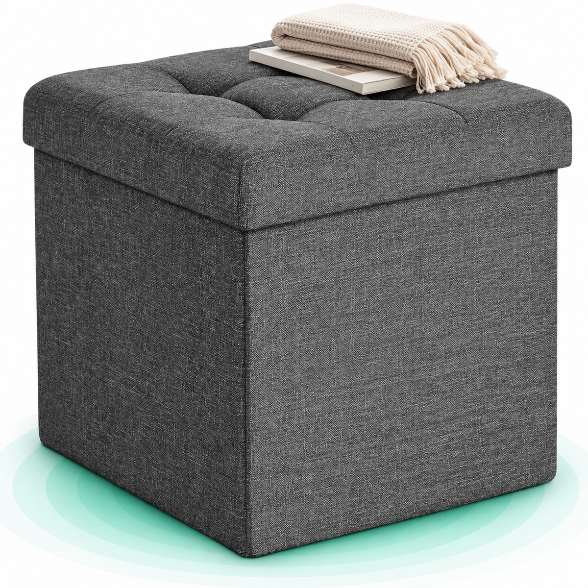 SONGMICS Taburet cu sezut moale, spatiu de depozitare, maxim 300kg, 38x38x38cm, gri inchis