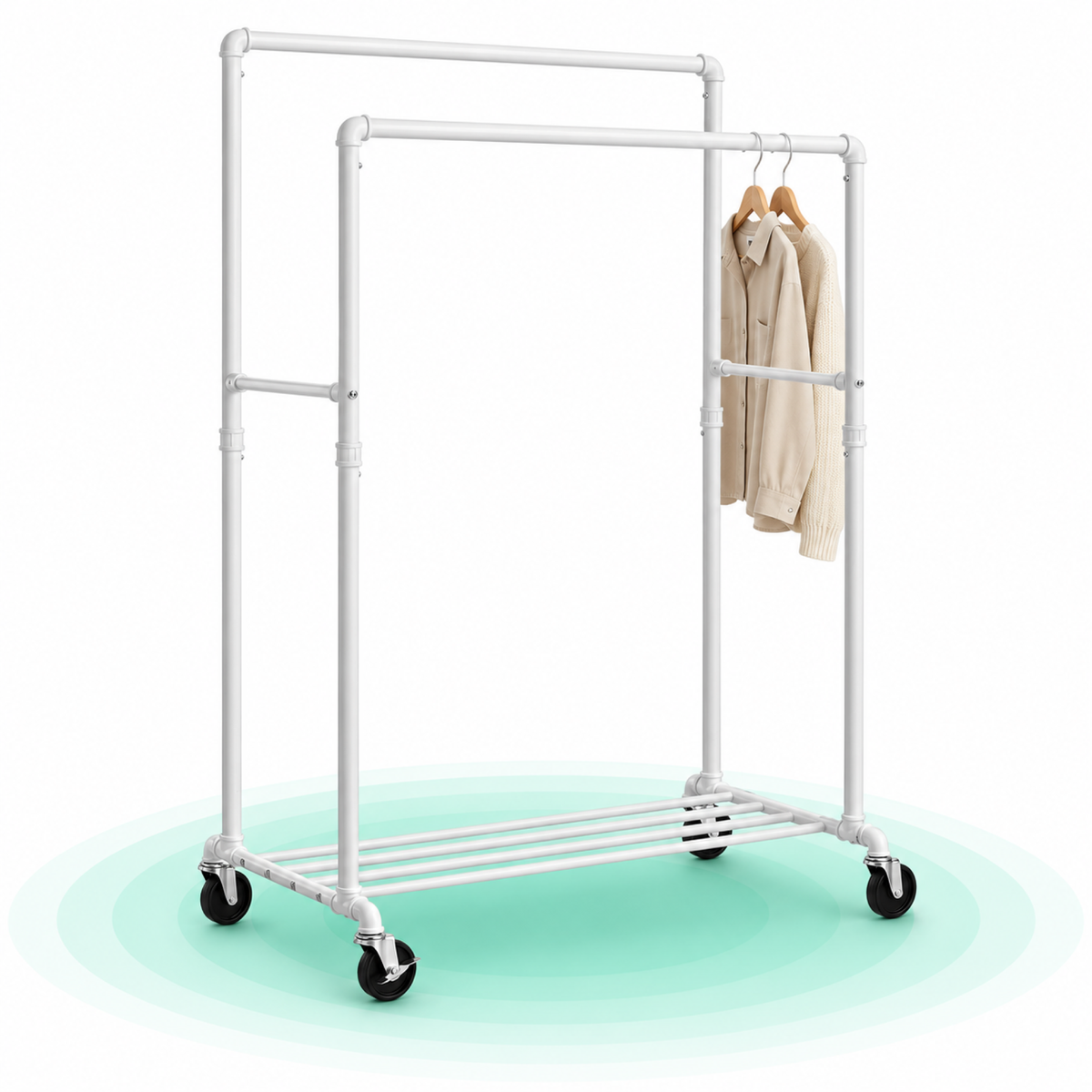 Suport haine cu 2 bare si raft, cu roti, cadru metalic, design industrial, 100x59x162 cm, alb