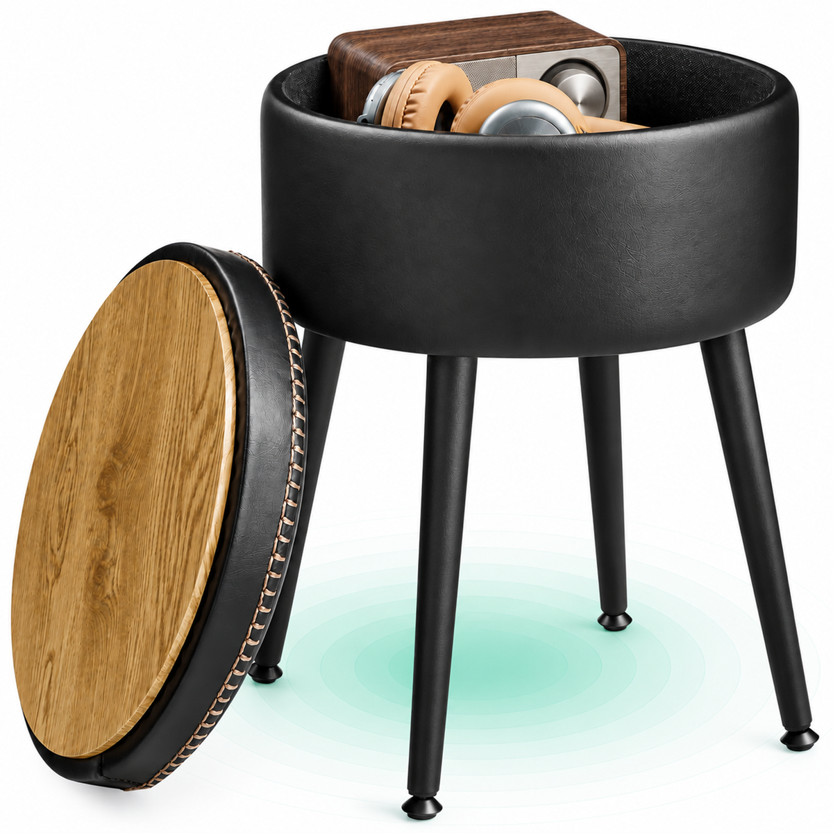 Taburet cu spatiu de depozitare, tapitat PU, cu 2 fete, diametru 32 cm, negru