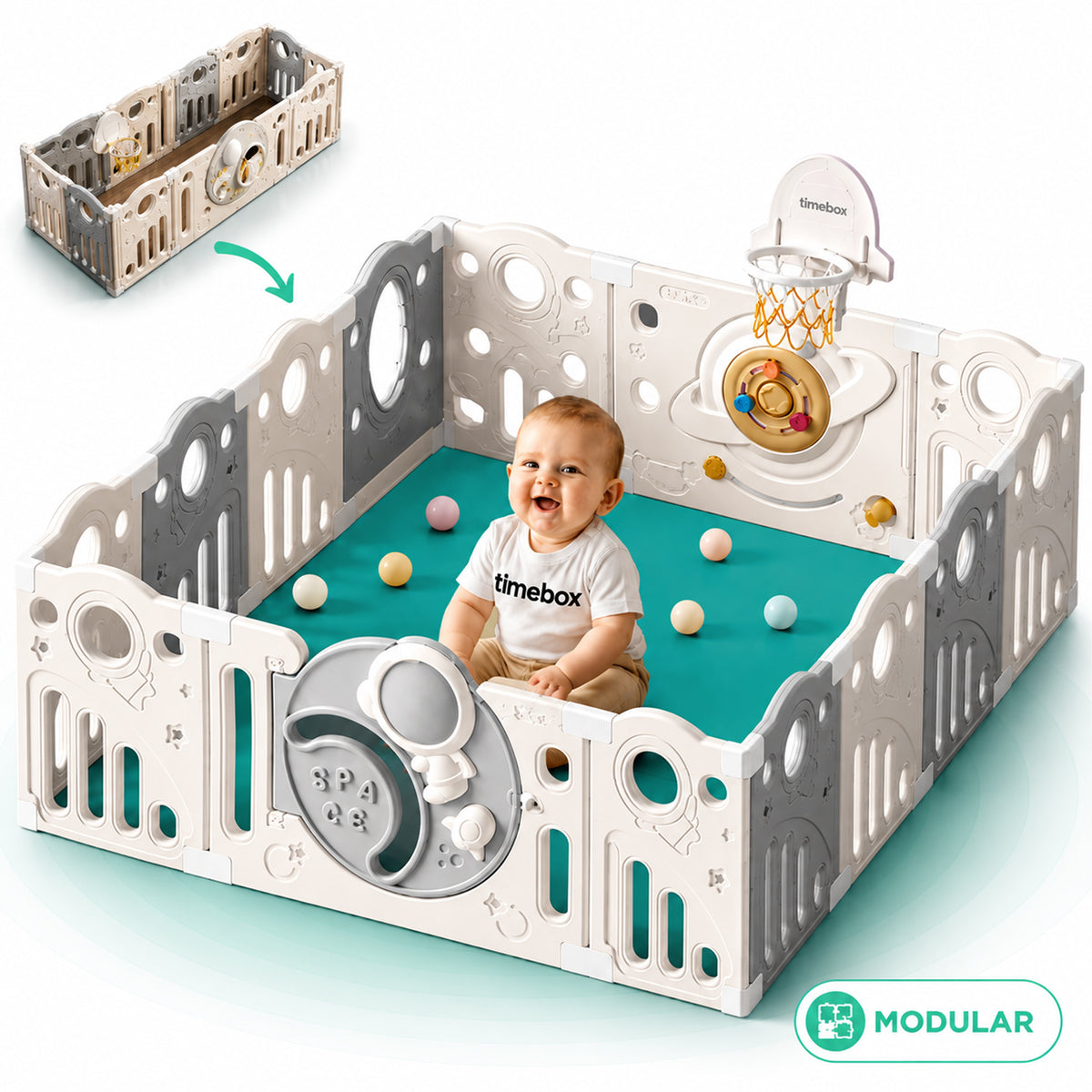 Tarc de Joaca pentru Bebelusi cu Panouri Modulabile, Gri/Bej