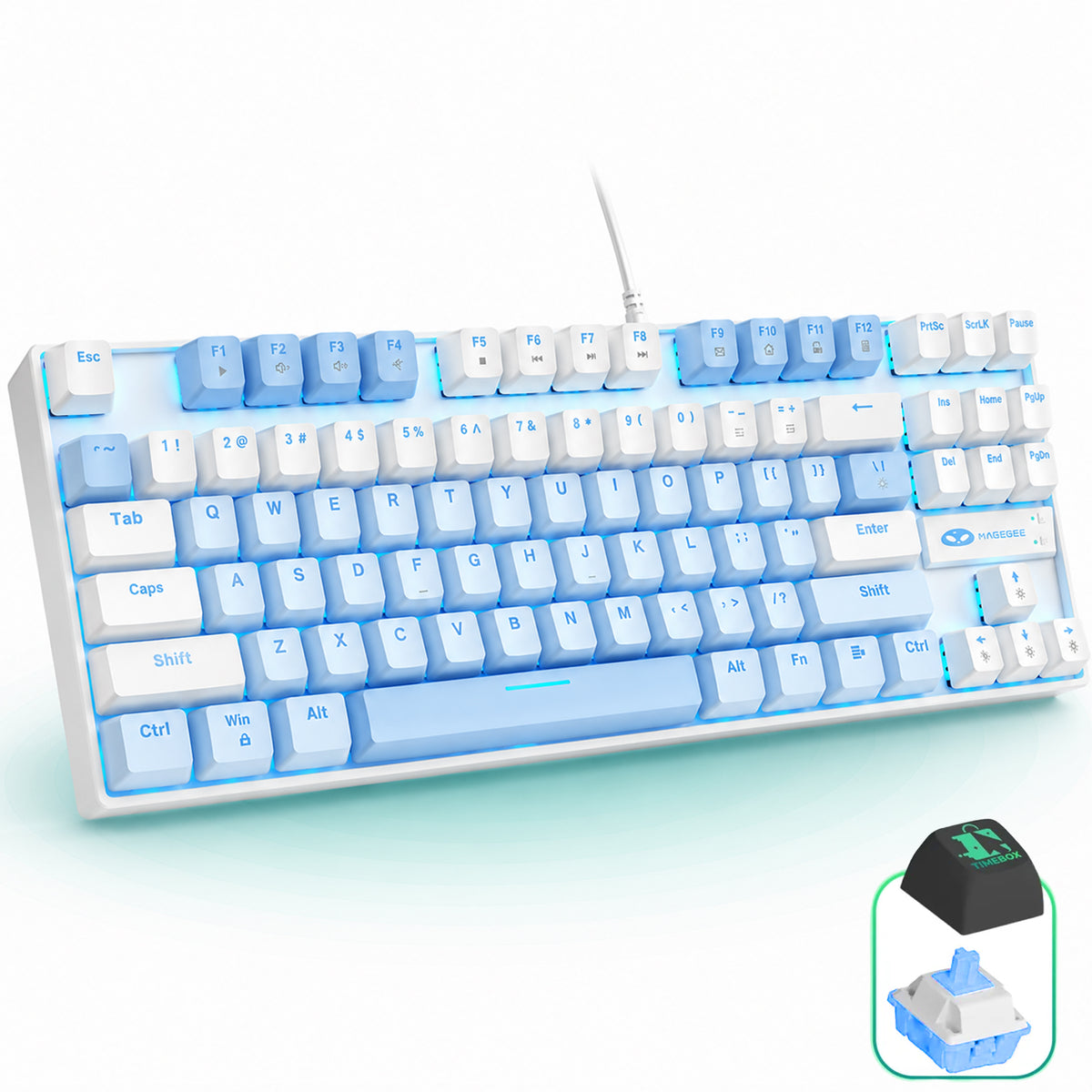 Tastatura Mecanica Gaming MageGee, Blue Switch, 75%, iluminare LED, Alb Albastru