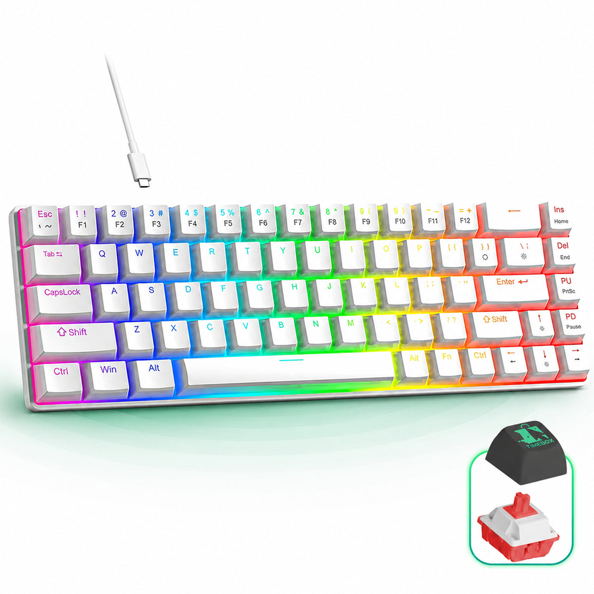 Tastatura Mecanica Gaming Timebox, Red Swtich, 60%, iluminare RGB, Alb