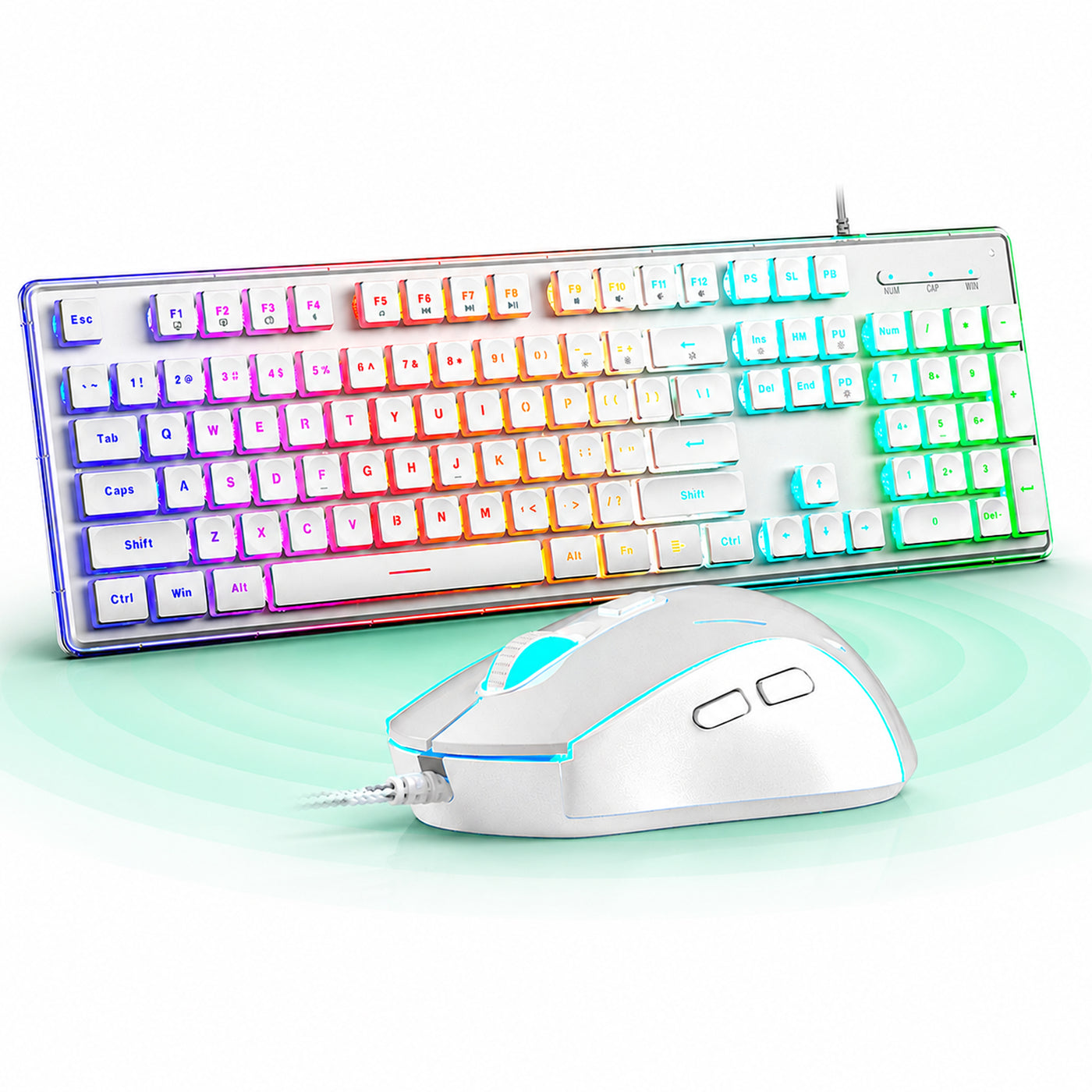 Kit Tastatura, Mouse Gaming RGB, 104 Taste Subtiri cu Functii Multimedia, Alb