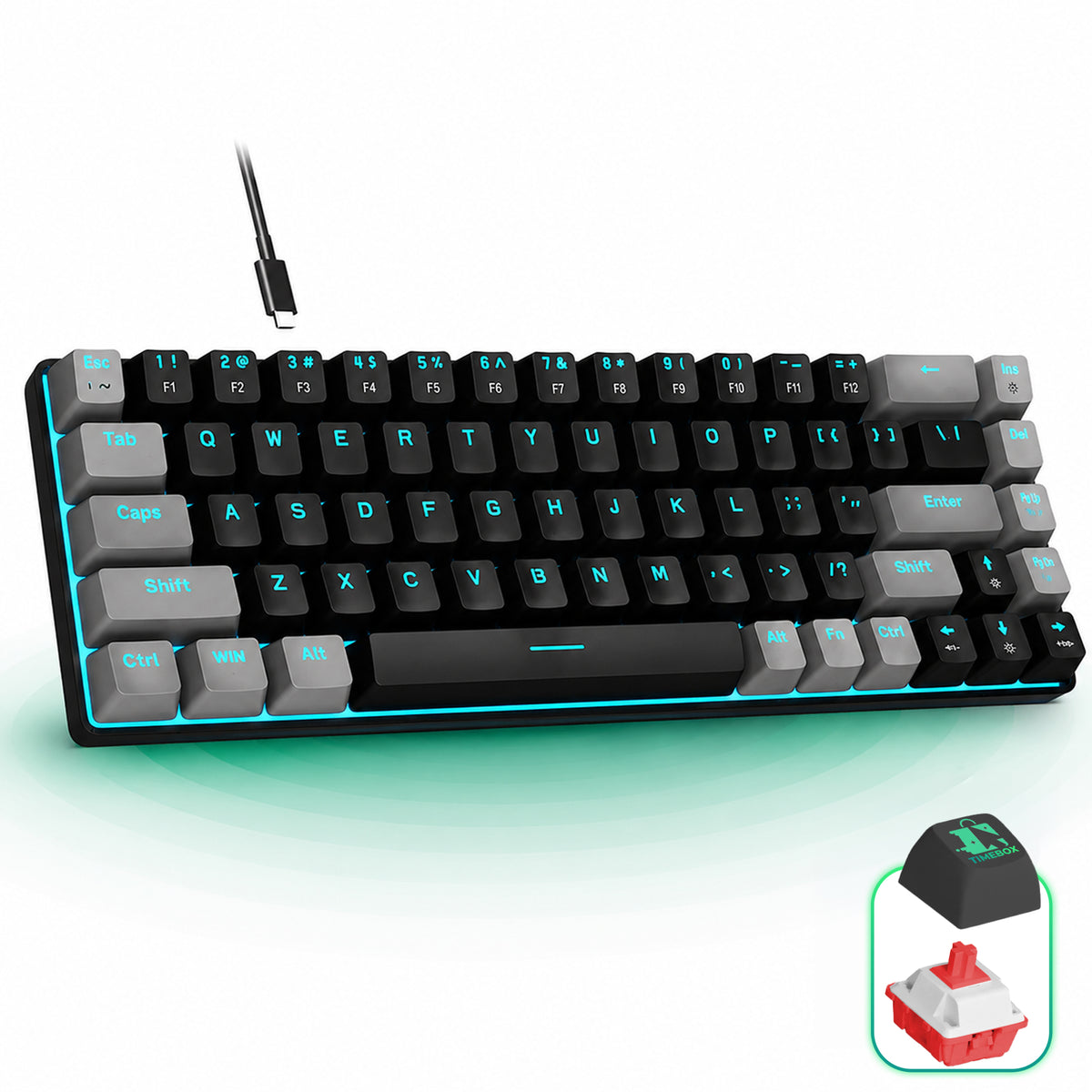 Tastatura Mecanica Gaming Timebox, Red Swtich, 60%, Lumini LED, Negru Gri
