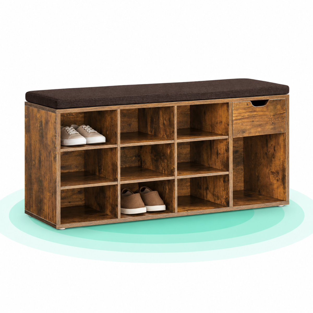 VASAGLE Banca de depozitare cu suport pentru pantofi, 10 compartimente si dulap, cu perna, 30x104x48cm, maro rustic