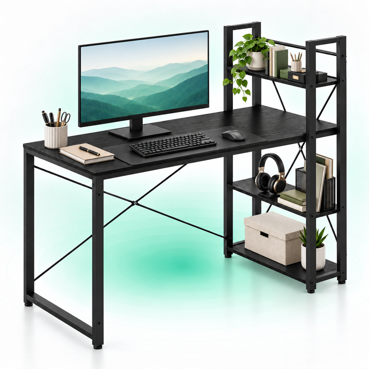 VASAGLE Birou cu raft lateral, montare stanga sau dreapta, industrial, 60x132x119 cm, negru