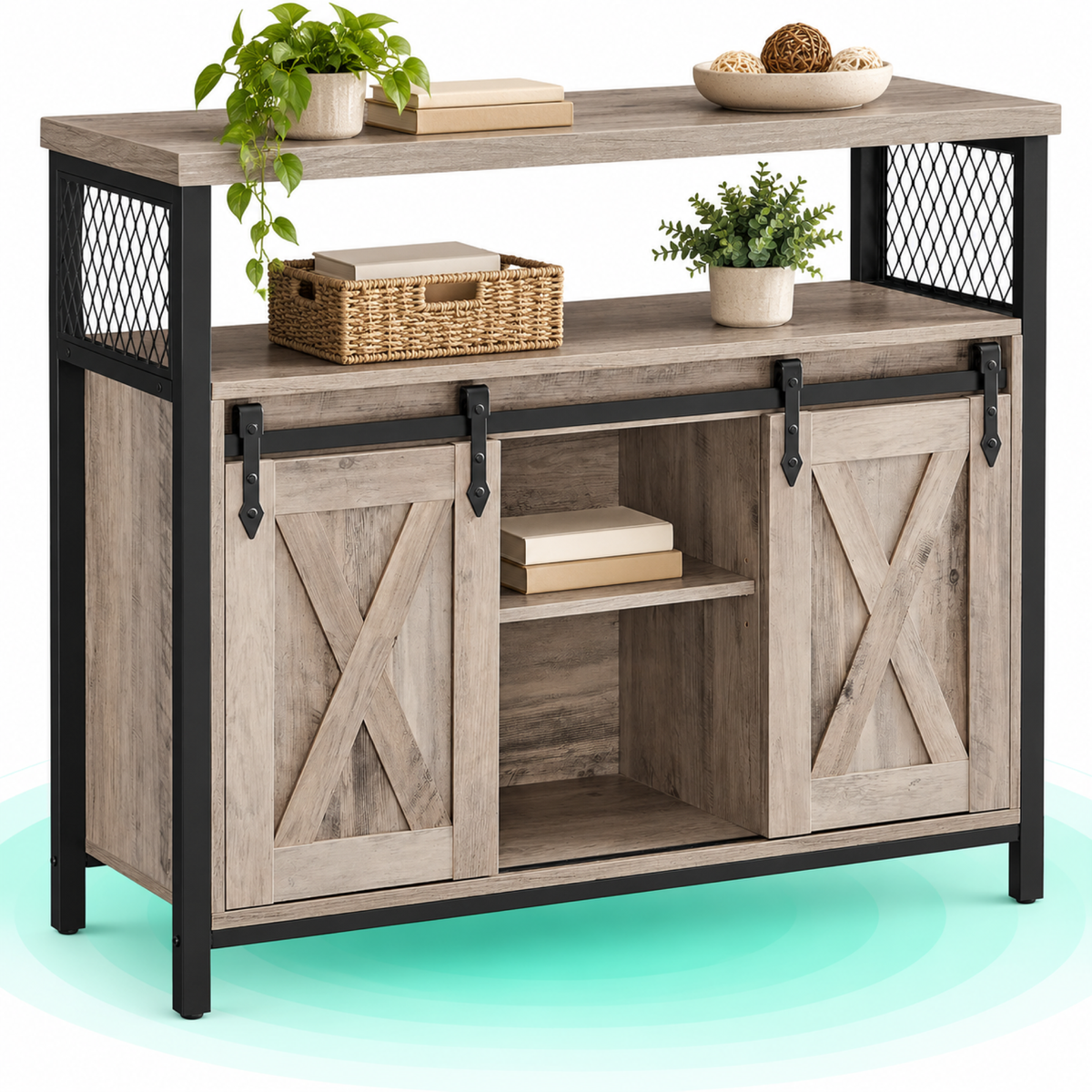 VASAGLE Comoda pentru living sau bucatarie, cu 2 usi glisante, rafturi reglabile, stil rustic, 33x100x80cm, gri