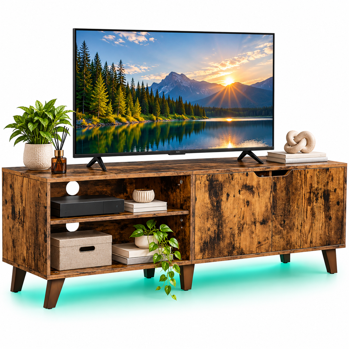 VASAGLE Comoda pentru TV, cu 2 usi si 2 rafturi deschise, 40x140x50cm, maro rustic