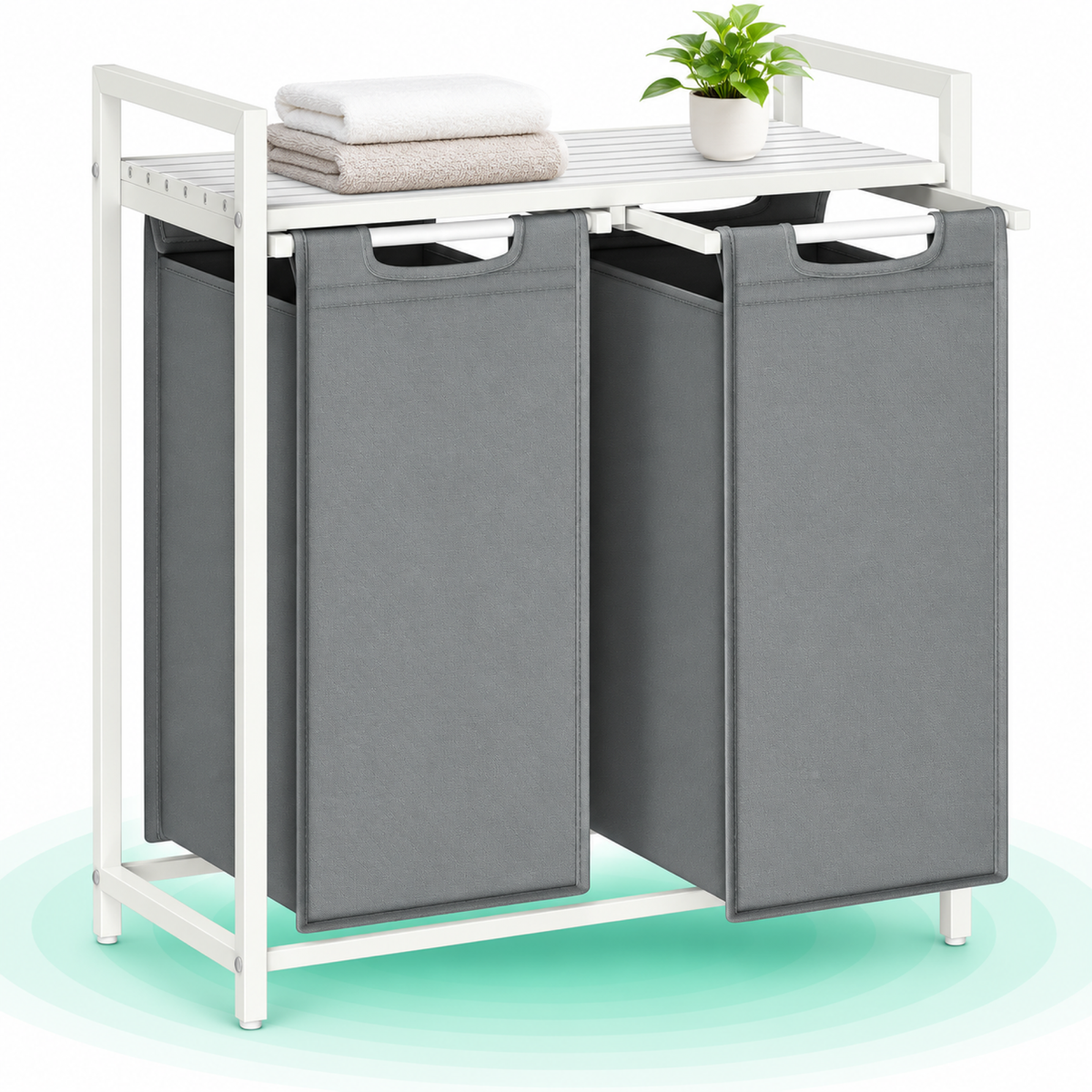 VASAGLE Cos de rufe, 2 compartimente, saci de rufe detasabili, raft, cadru metalic, 2x46L, 73x33x72 cm, alb si gri desch