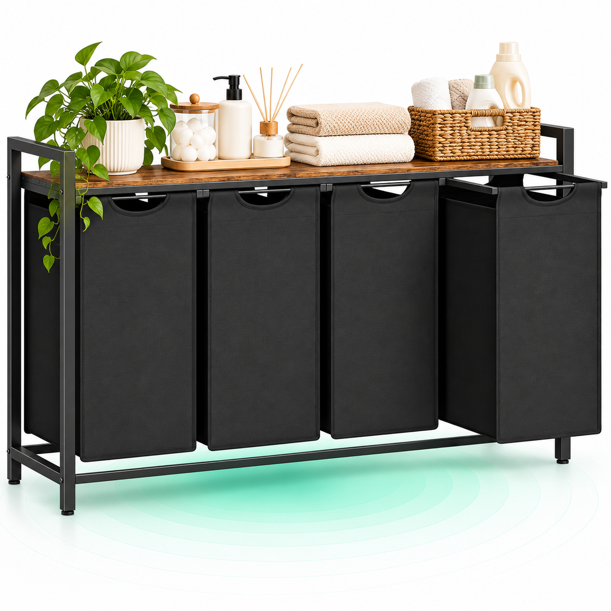 VASAGLE Cos rufe 4x40L, saci detasabili, raft superior si cadru metalic, 116x33x72 cm, maro si negru