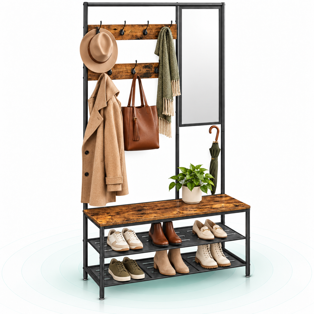 VASAGLE Cuier cu rafturi depozitare pantofi si oglinda, industrial, 35x98x180 cm, maro rustic si negru