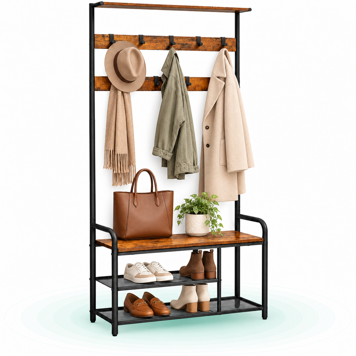 VASAGLE Cuier pentru hol cu banca si suport pantofi, stil industrial, 84x34x183 cm, maro rustic