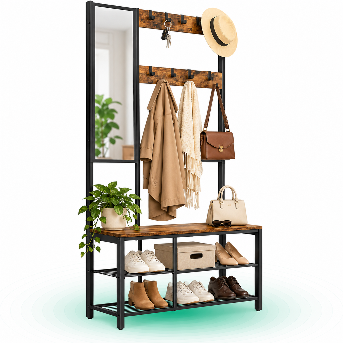 VASAGLE Cuier pentru hol cu oglinda si 9 carlige detasabile, structura metalica, stil industrial, 98x36x185 cm, maro rus