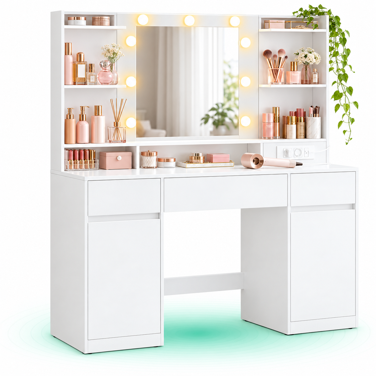 VASAGLE Masa de toaleta Kailyn cu oglinda, iluminare LED reglabila, priza integrata AC si USB, fronturi MDF, 40x107x144 