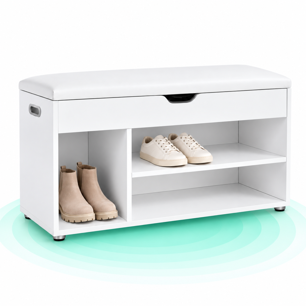 VASAGLE Pantofar cu banca, capitonata, 3 compartimente, sarcina 150 kg, 30x80x44cm, modern, alb