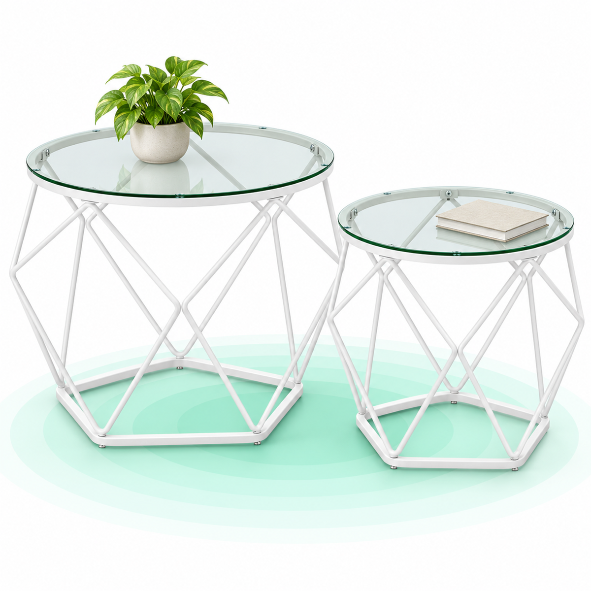VASAGLE Set 2 masute rotunde, blat sticla securizata, cadru metalic alb, 40 si 50 cm, alb