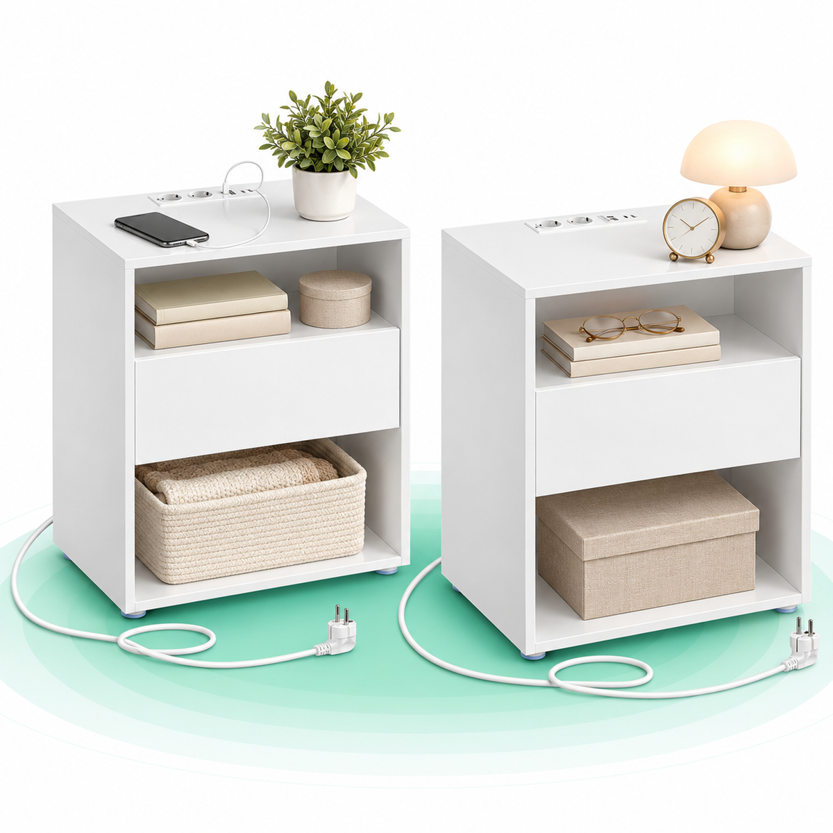 VASAGLE Set 2 noptiere cu porturi USB si prize, sertar si rafturi deschise, 45x35x58 cm, alb mat
